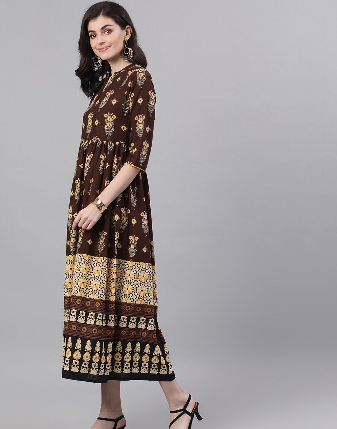 Brown Ethnic Motifs Printed Mandarin Collar Cotton Maxi Dress