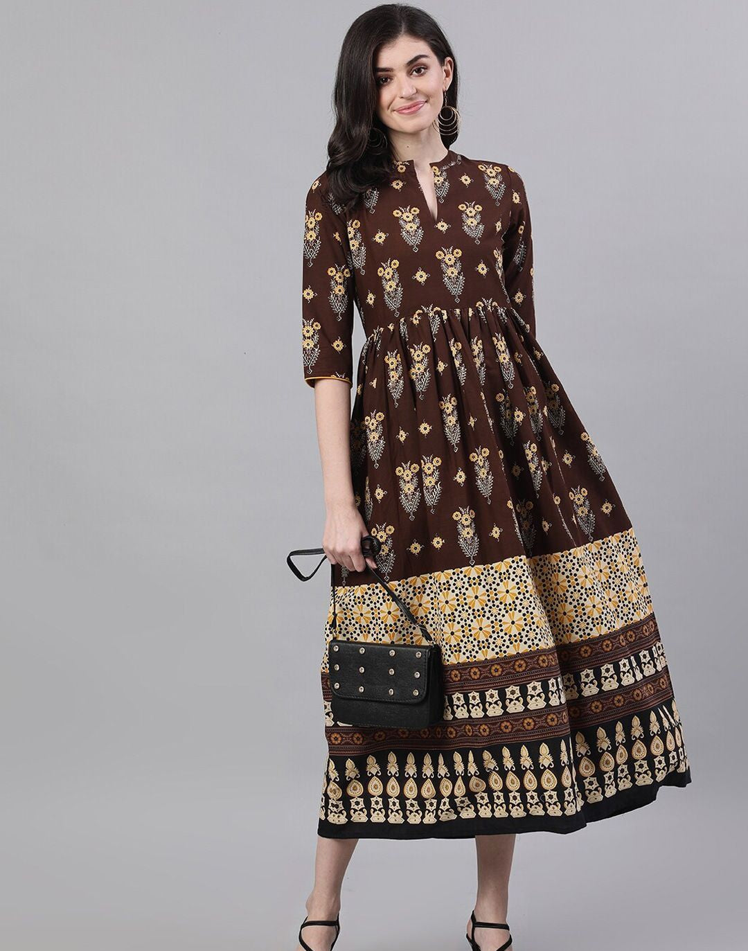Brown Ethnic Motifs Printed Mandarin Collar Cotton Maxi Dress