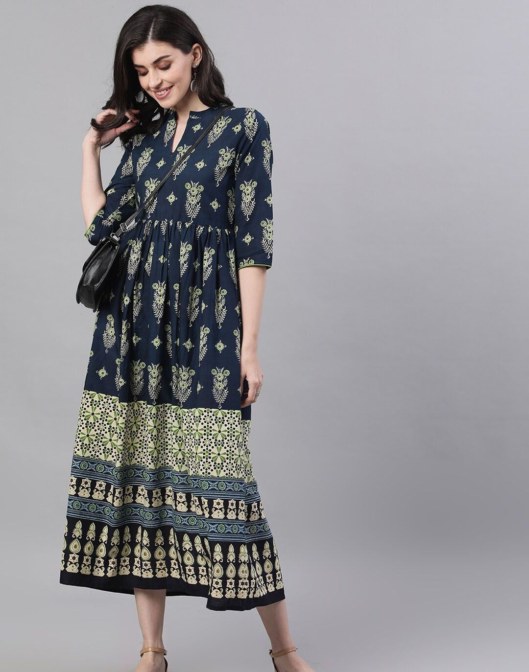 Navy Blue Ethnic Motifs Printed Mandarin Collar Cotton Maxi Dress