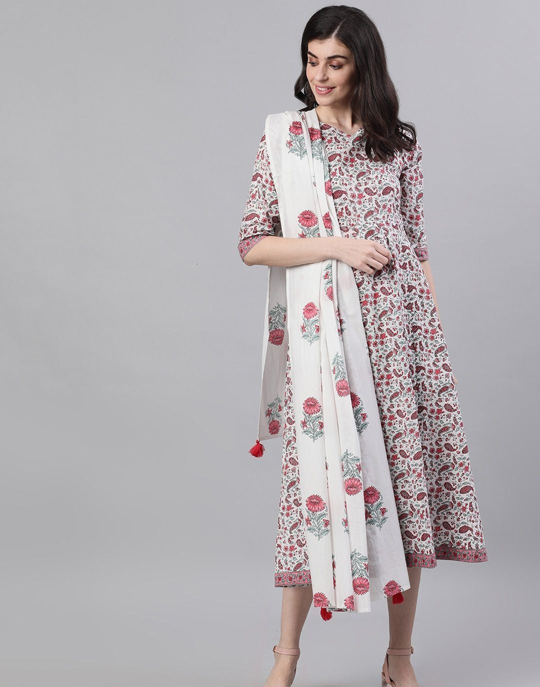 White Ethnic Motifs Printed V-Neck Cotton Maxi Dress With Dupatta