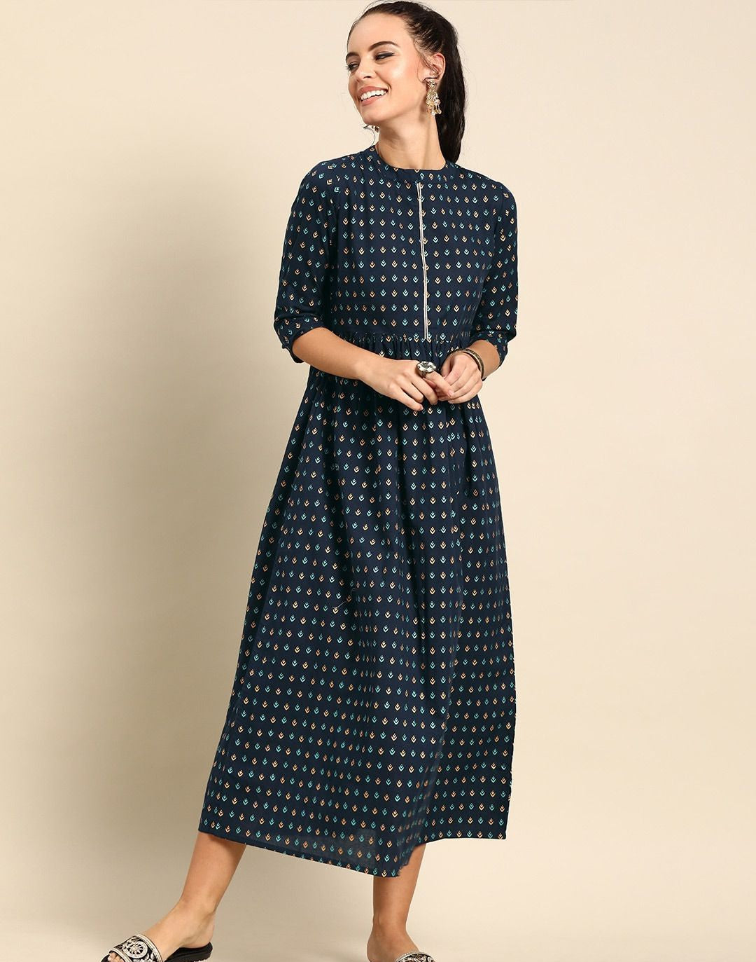 Navy Blue Printed A-Line Dress With Gathered Detail