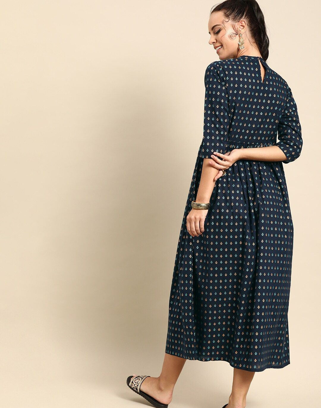 Navy Blue Printed A-Line Dress With Gathered Detail