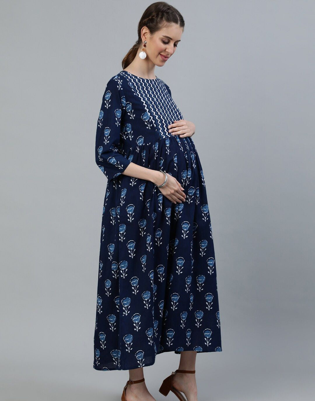 Blue Ethnic Motifs Maternity Maxi Dress