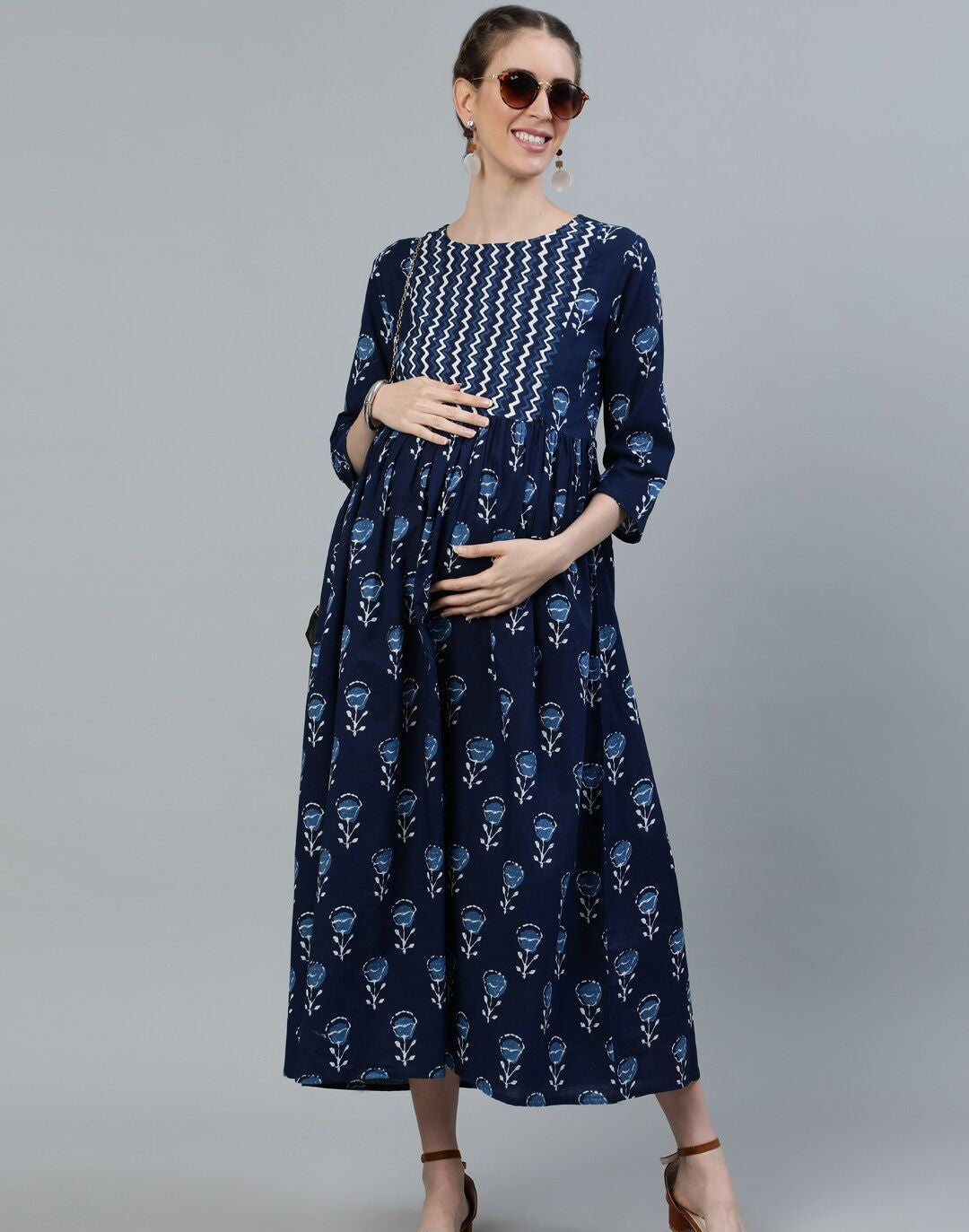Blue Ethnic Motifs Maternity Maxi Dress
