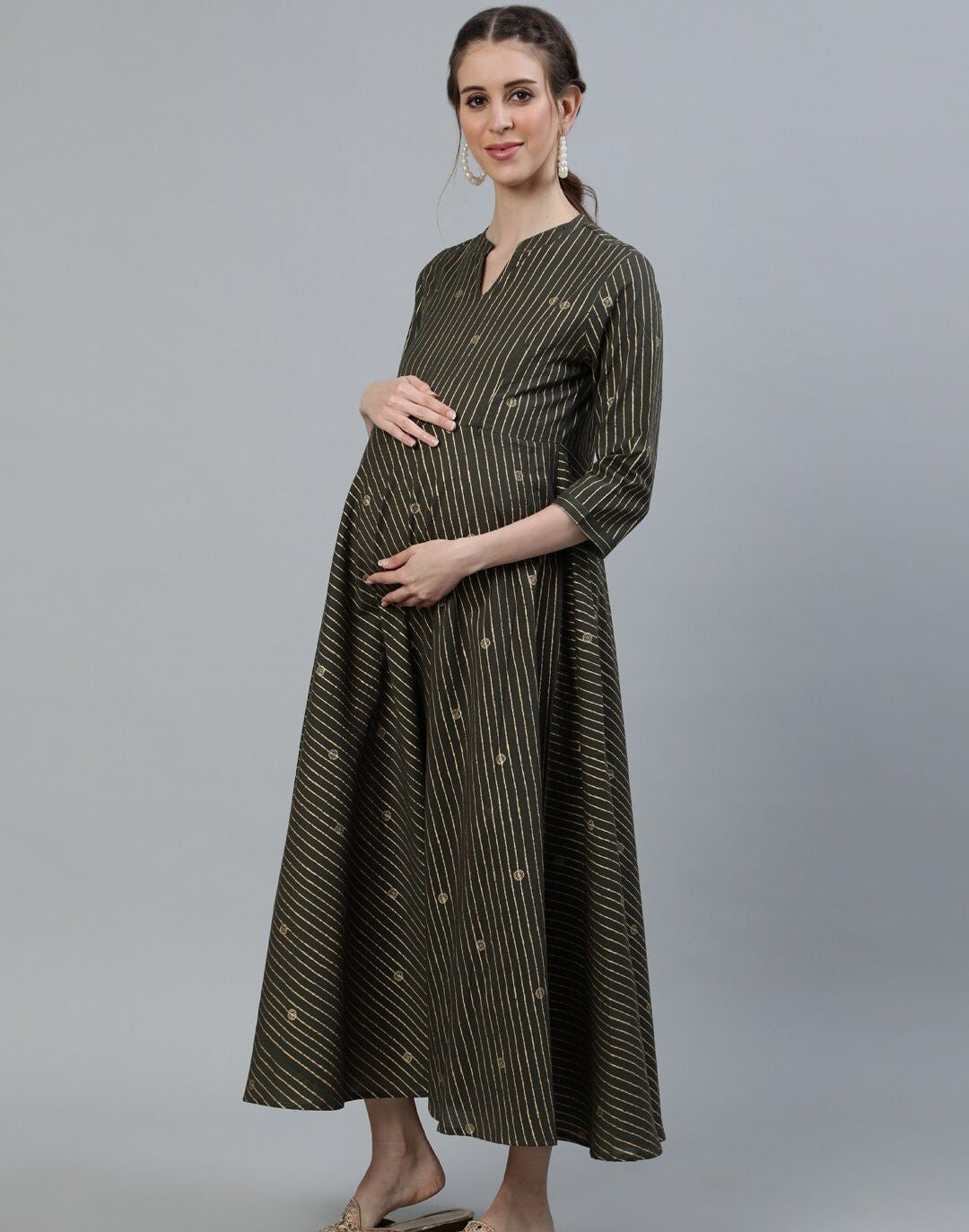 Grey & Gold-Toned Mandarin Collar Maternity Cotton Midi Dress