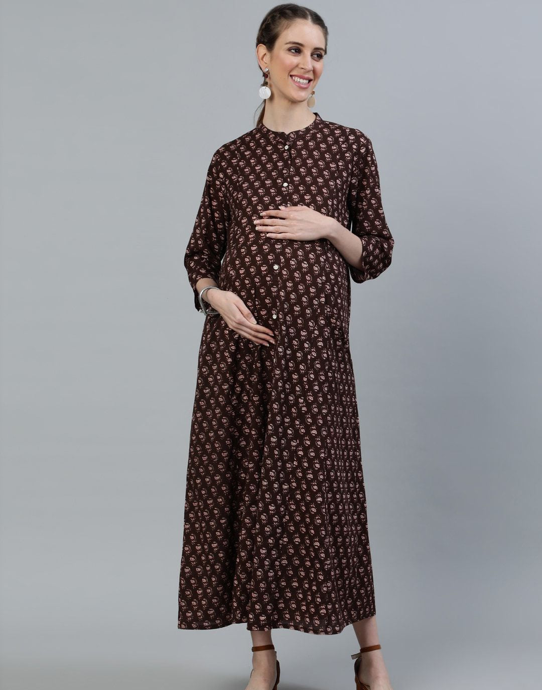 Brown Printed Maternity Maxi Dress
