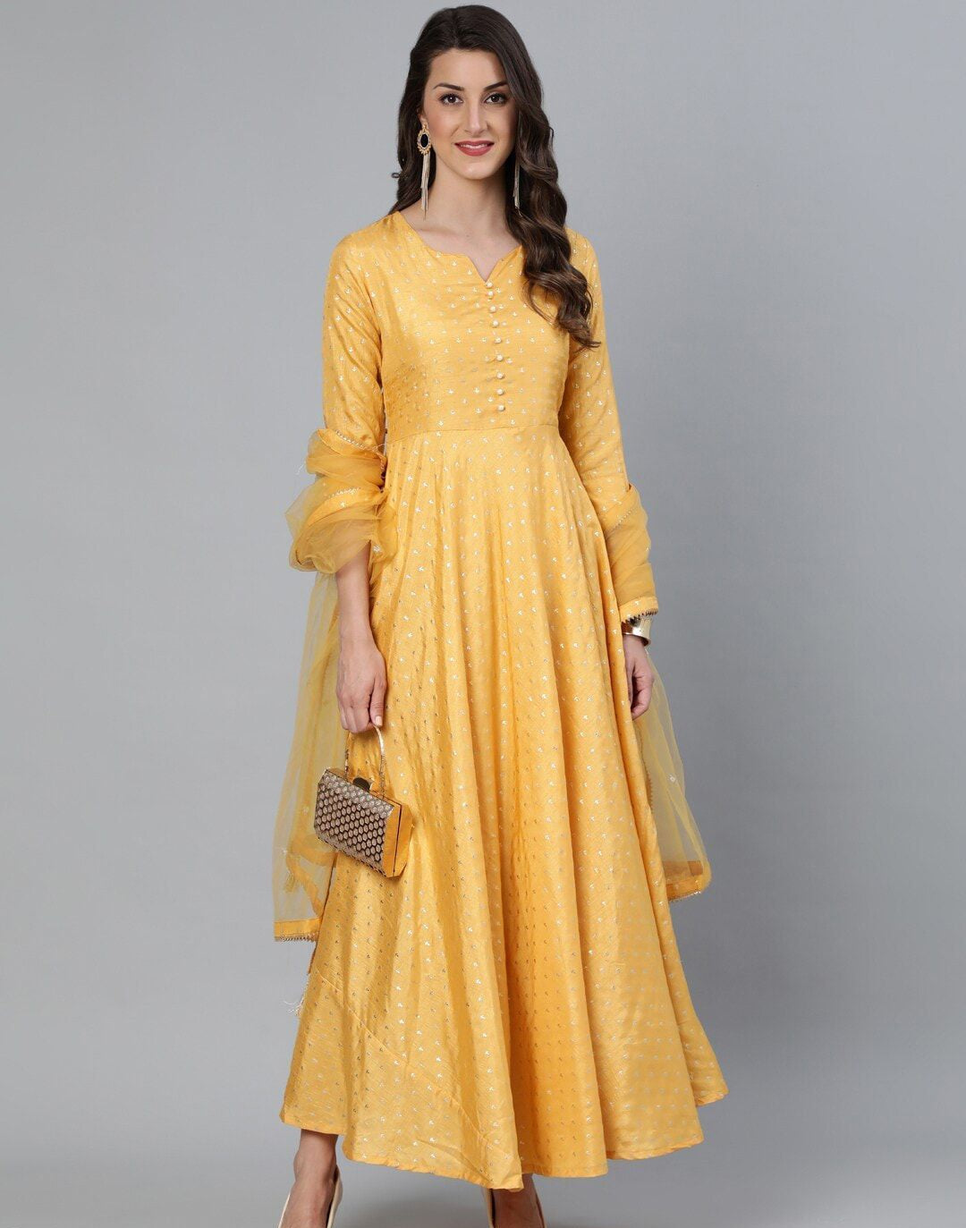 Mustard Foil Printed Maxi Dress With Embroidered Net Dupatta