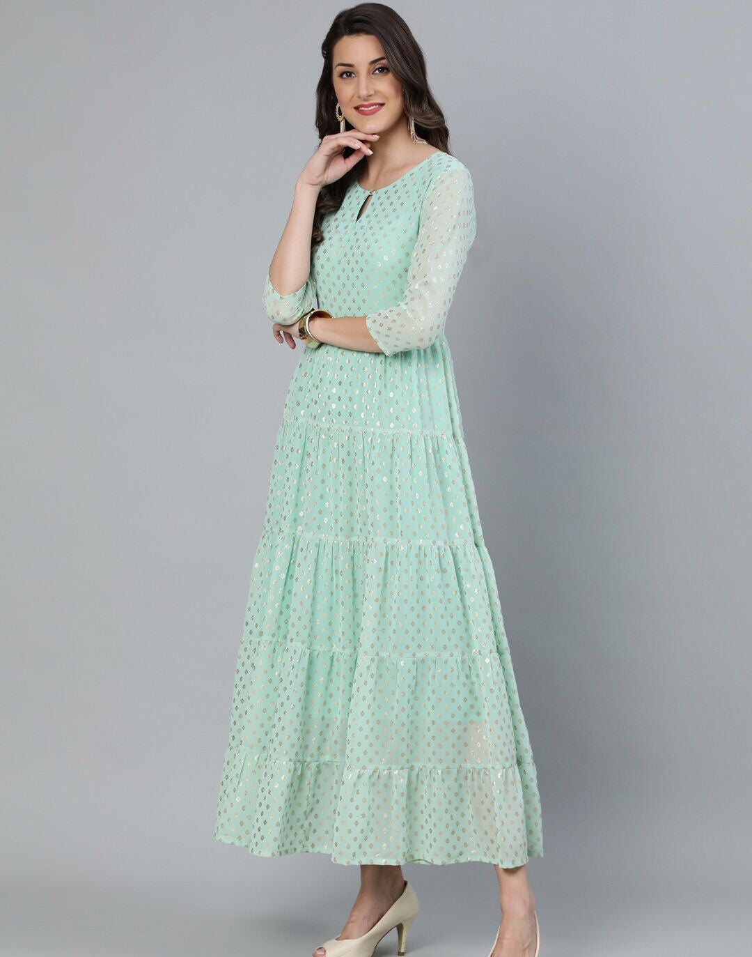 Green Foil Printed Layered Maxi Dress With Pink Embroidered Dupatta
