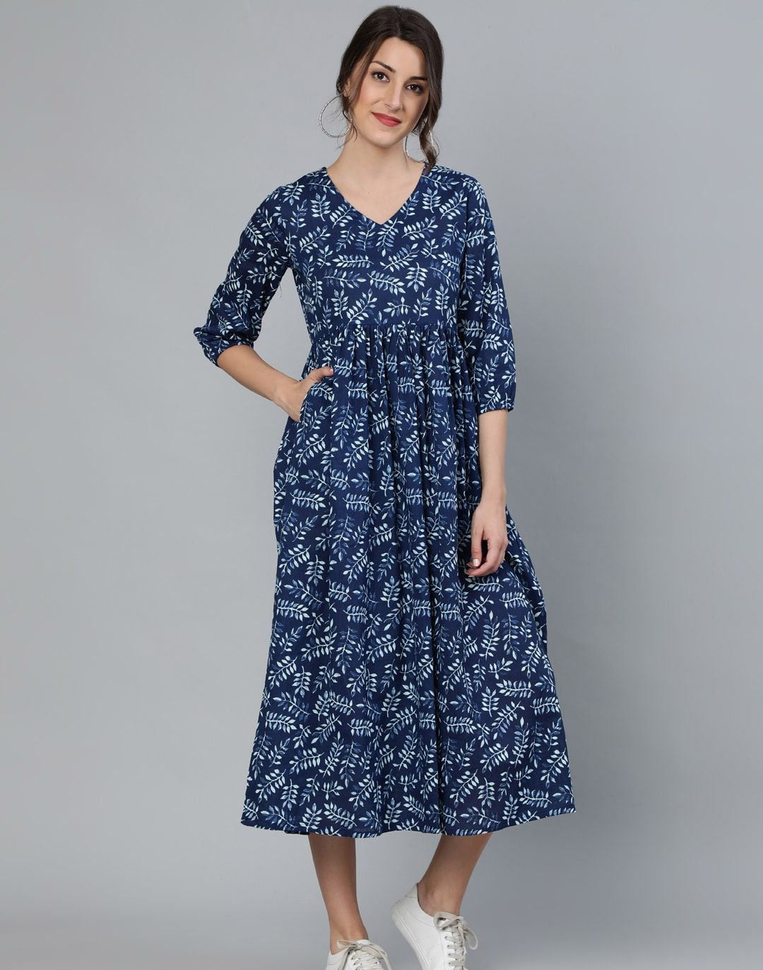 Blue Printed Fit and Flare Cotton Dress