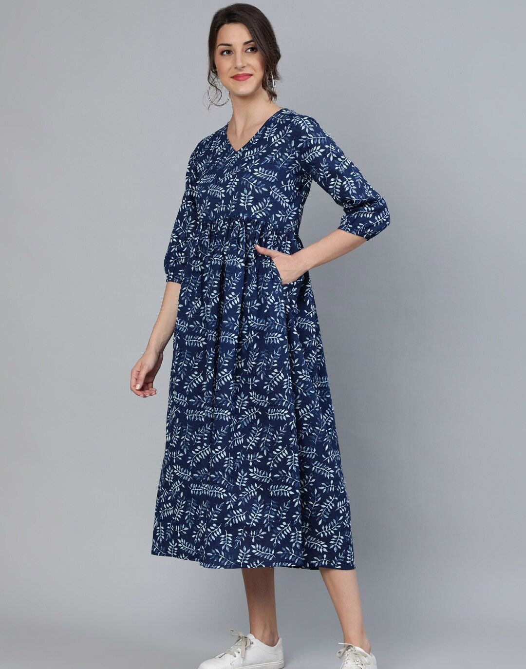 Blue Printed Fit and Flare Cotton Dress