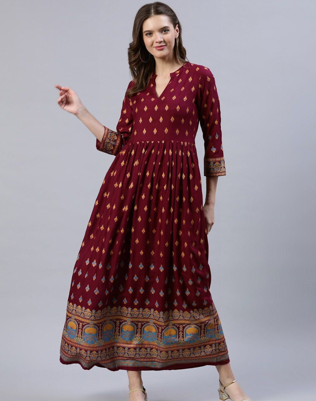Burgundy Ethnic Motifs Maxi Dress