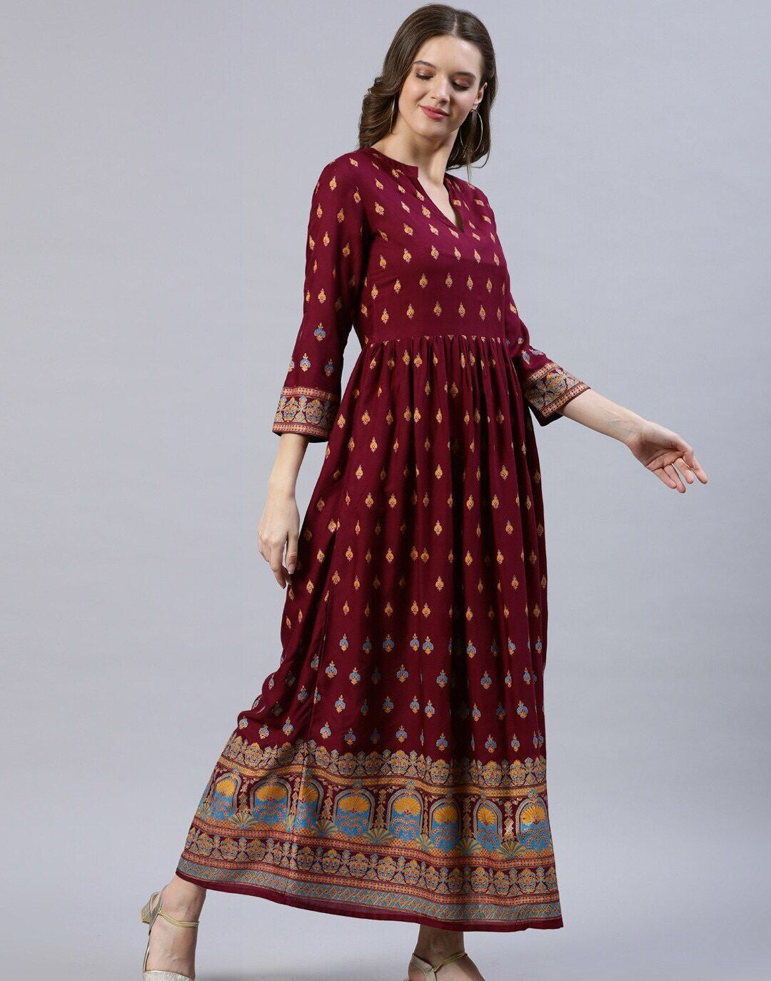 Burgundy Ethnic Motifs Maxi Dress