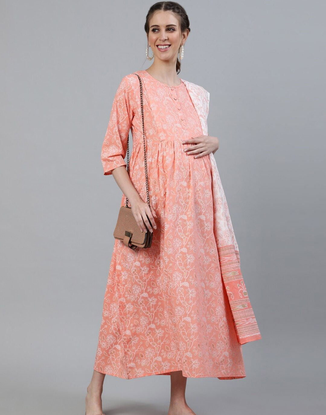 Peach & White Floral Maternity Maxi Dress With Dupatta
