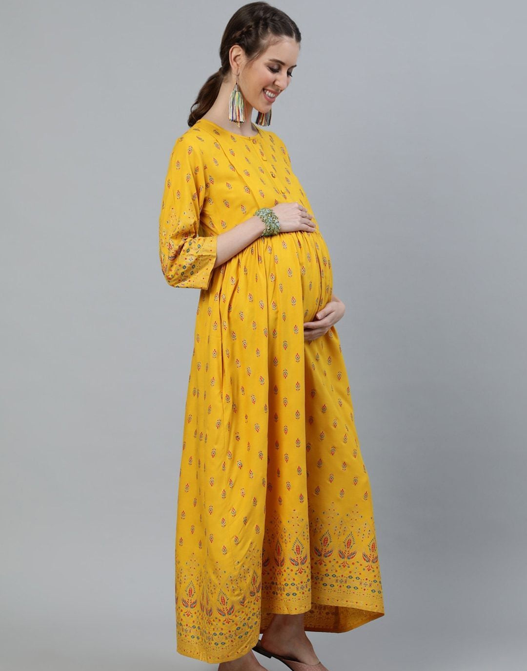 Yellow & Red Ethnic Motifs Maternity Maxi Dress