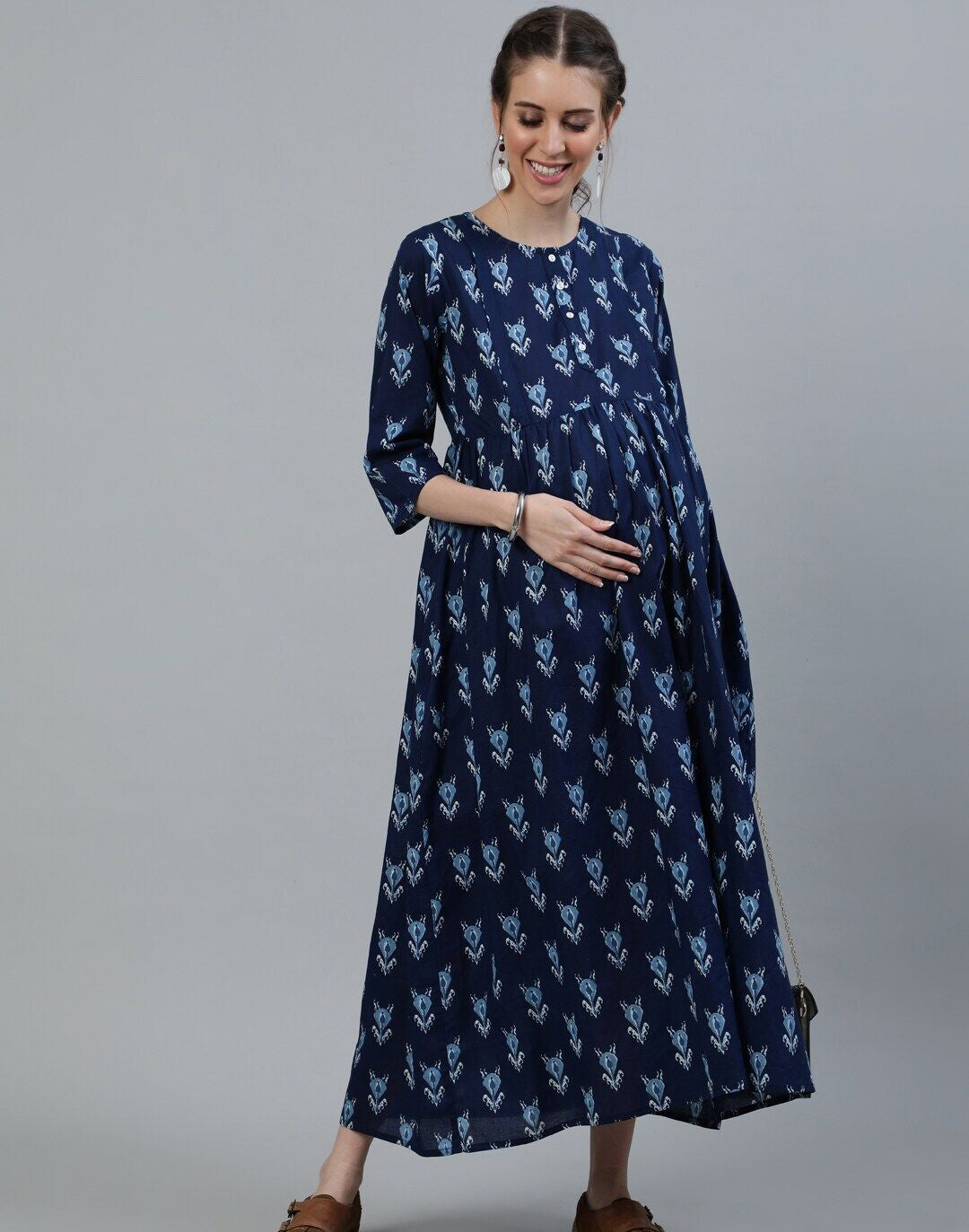 Maternity Blue Ethnic Motifs Maxi Dress