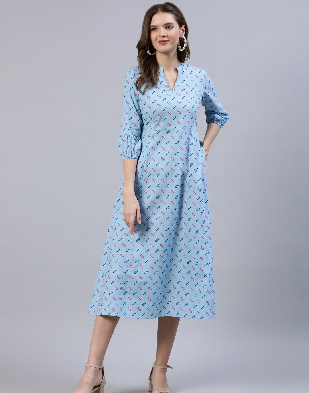 Blue A-Line Midi Dress