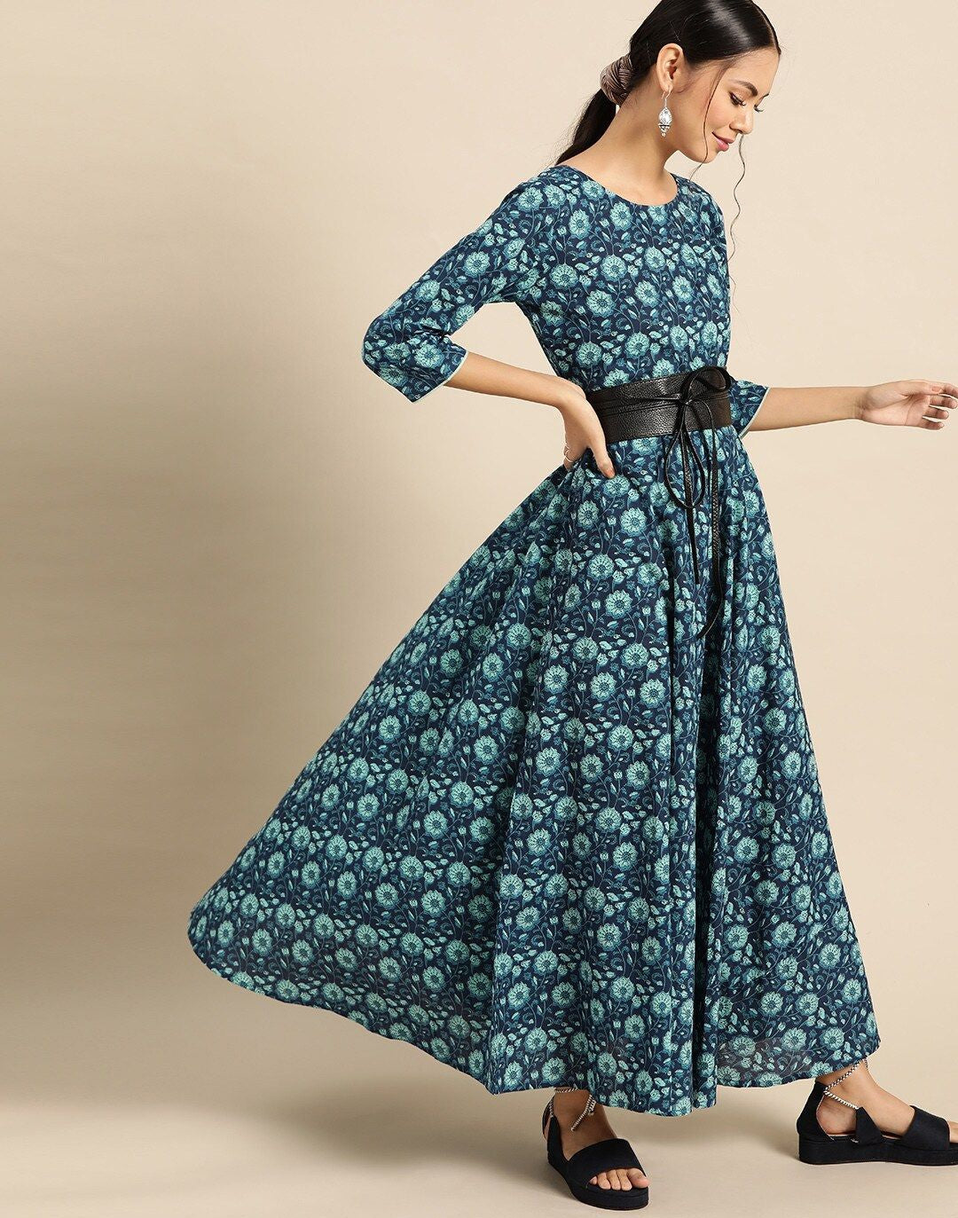 Blue Ethnic Motifs Printed Pure Cotton Maxi Dress