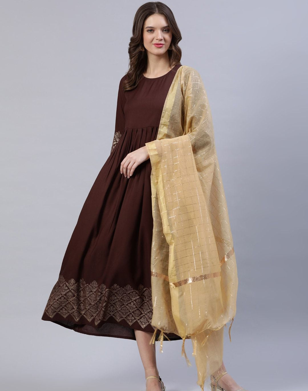 Brown & Beige Block Printed Ethnic Dress With Chanderi Dupatta