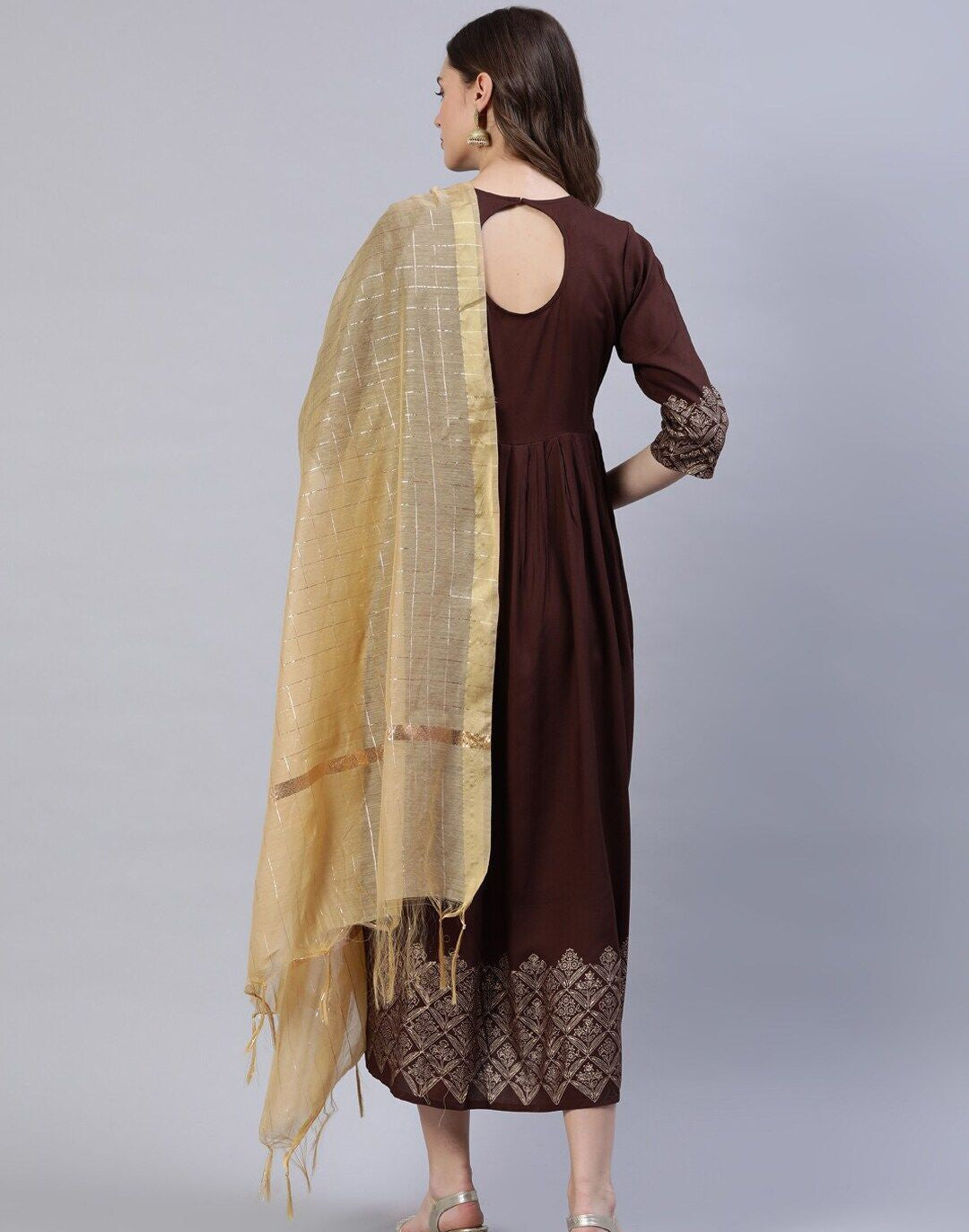 Brown & Beige Block Printed Ethnic Dress With Chanderi Dupatta