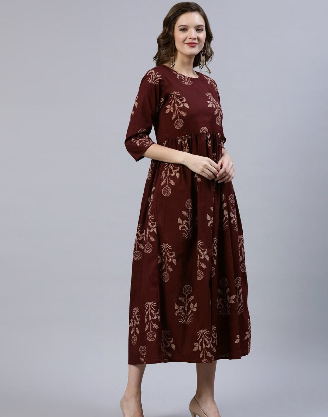 Brown Ethnic Motifs Maxi Dress