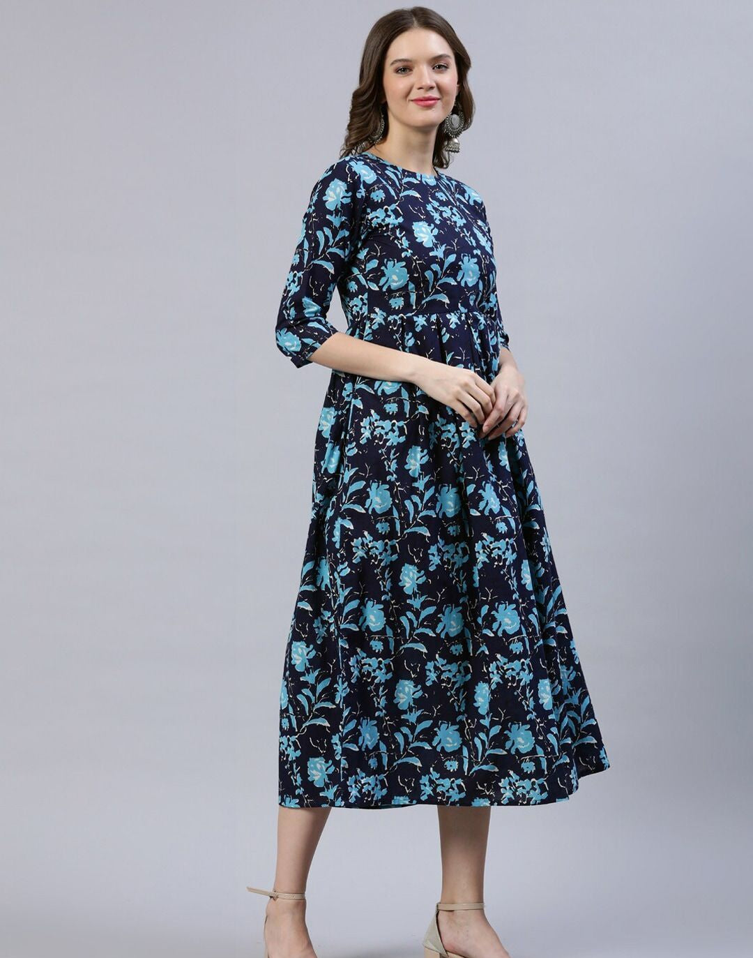 Navy Blue Floral A-Line Midi Dress