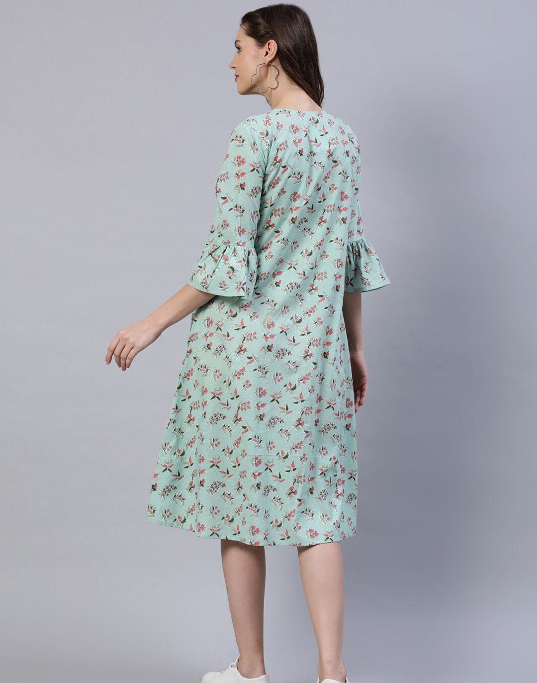 Green Floral A-Line Midi Dress