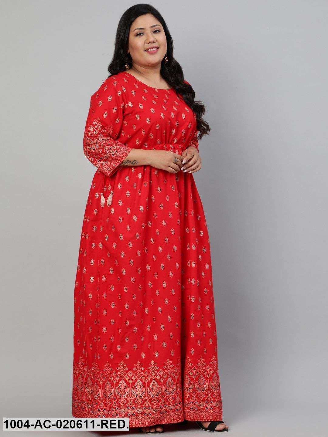 Plus Size Red & Gold Ethnic Motifs Ethnic Maxi Dress