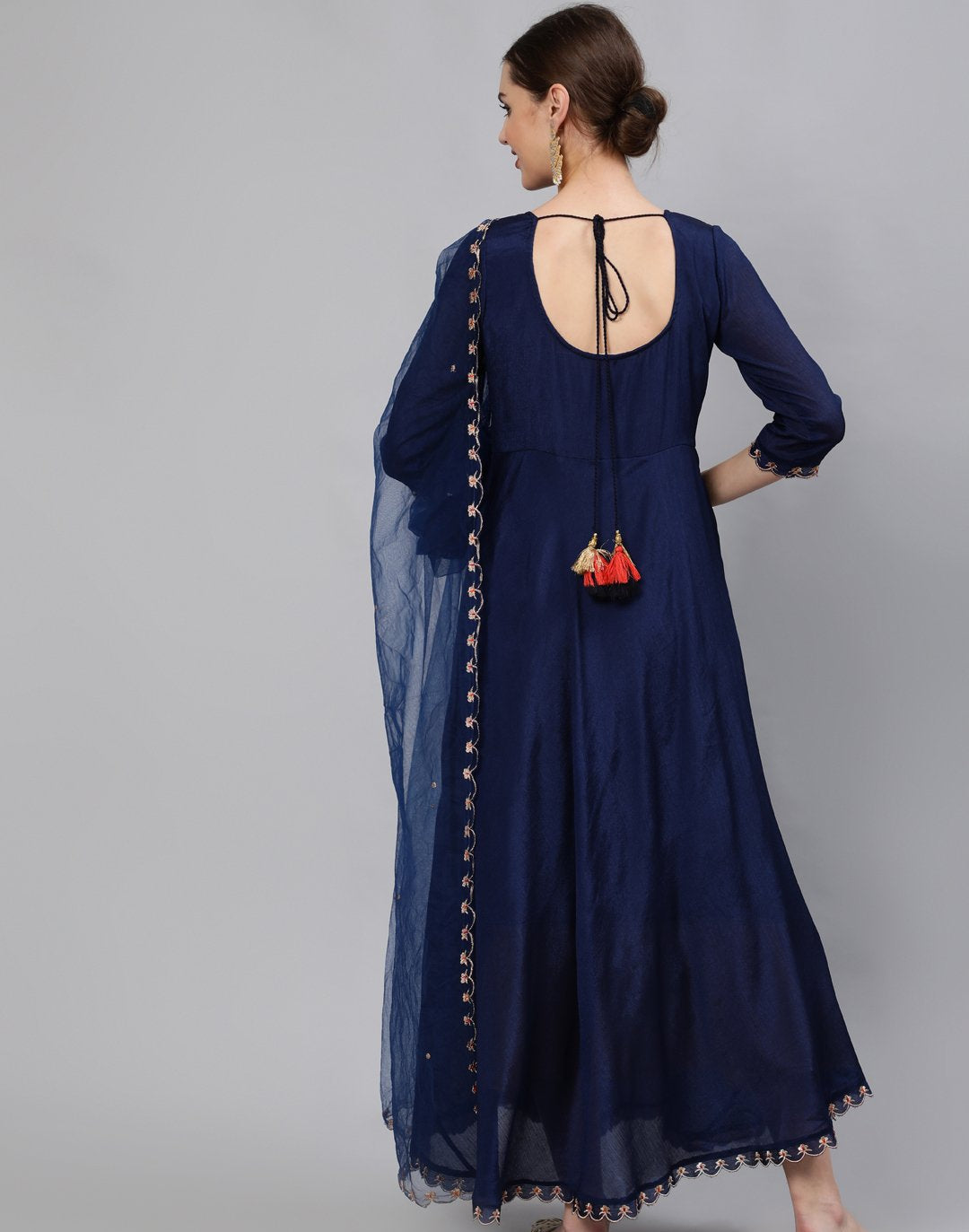 Women Navy Blue Embroidered Maxi Dress WIth Scalloped Dupatta