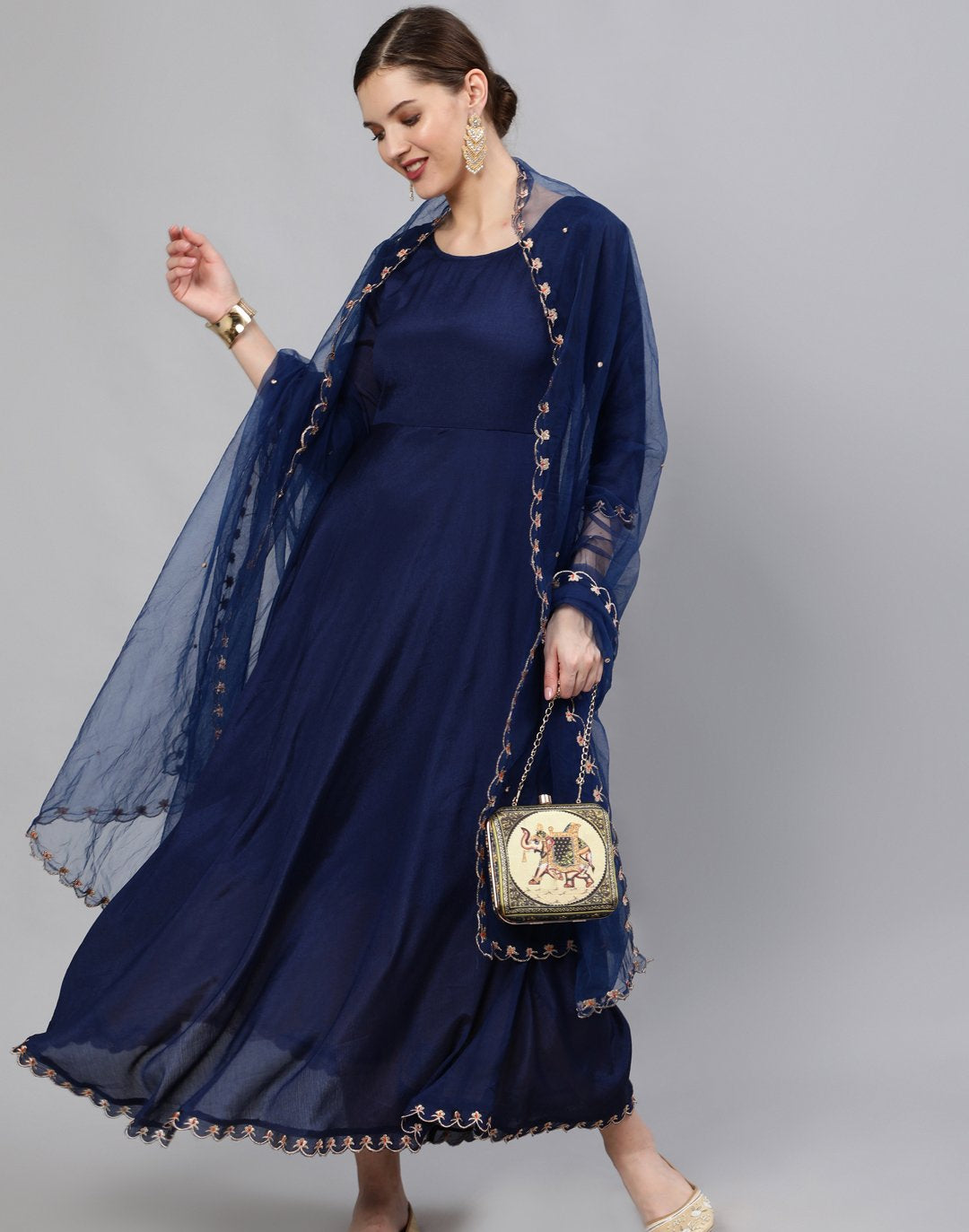 Women Navy Blue Embroidered Maxi Dress WIth Scalloped Dupatta