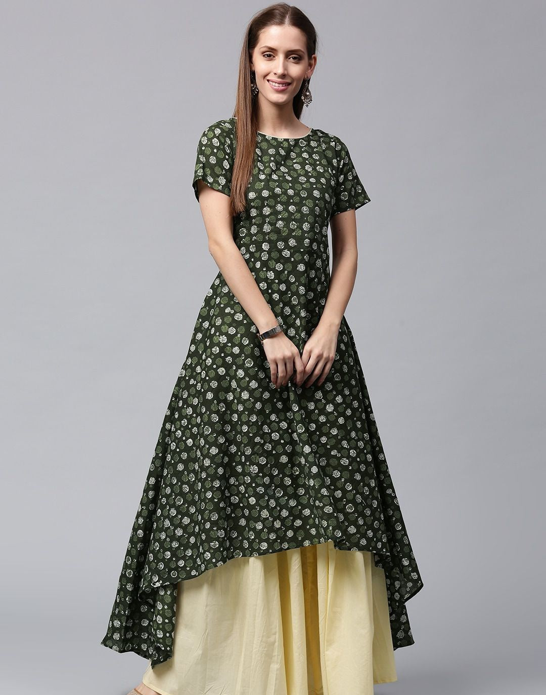 Olive Green & Cream-Coloured Printed Kurta with Skirt