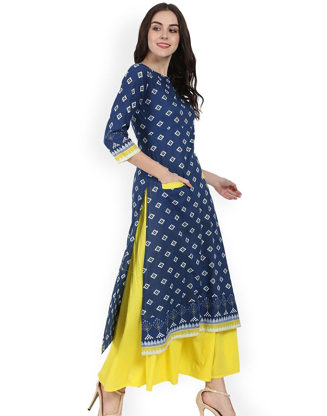 Blue & Yellow Printed Kurta with Skirt