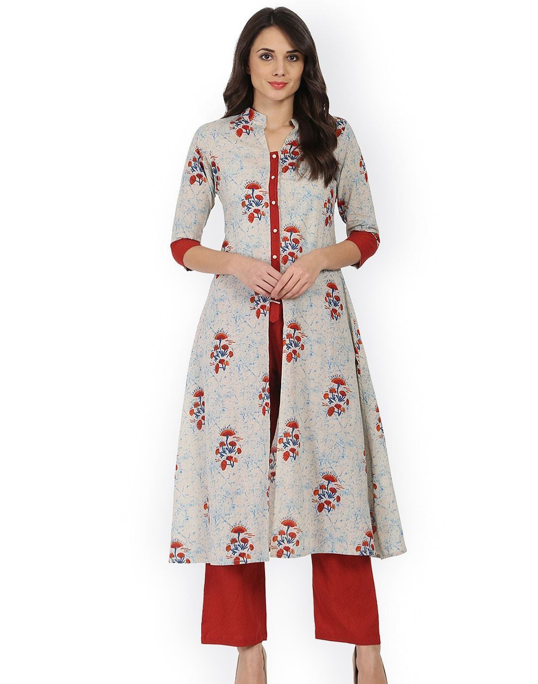 White & Red Printed A-Line Kurta with Palazzos