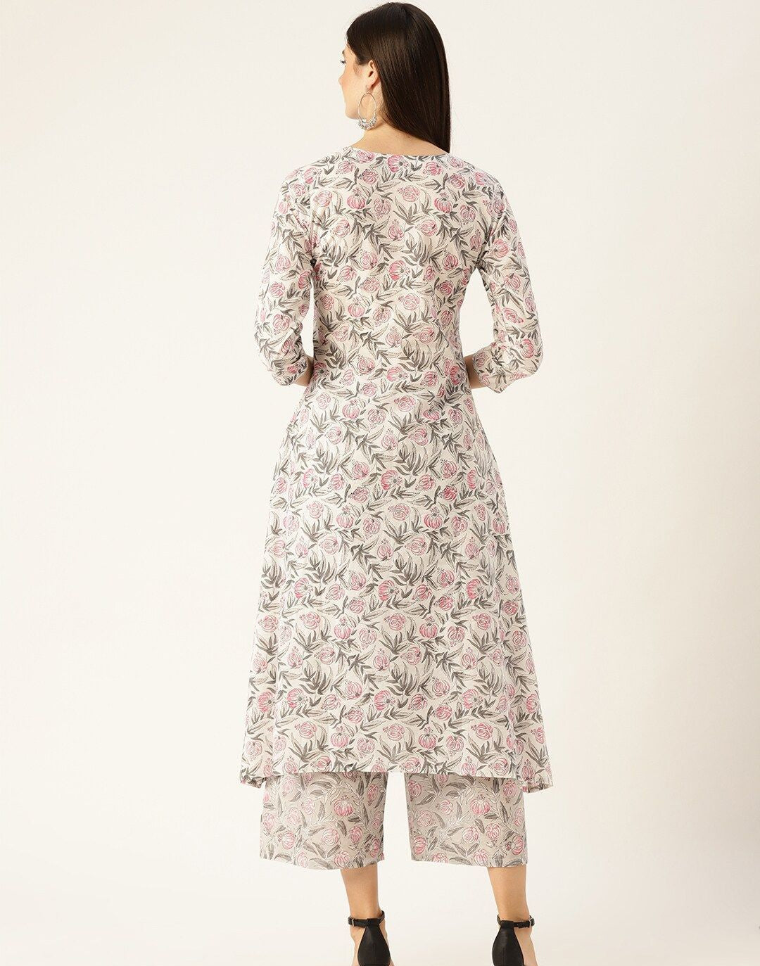 Off-White & Pink Floral Print A-Line Kurta with Palazzos