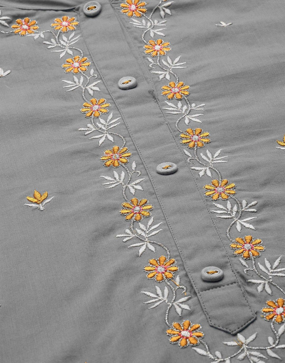 Grey & Orange Embroidered Kurta with Trousers & Dupatta