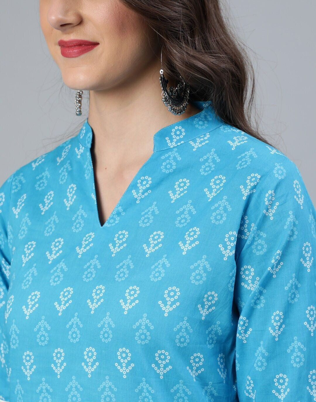 Blue & White Printed Straight Mandarin Collar Pure Cotton Kurta Set
