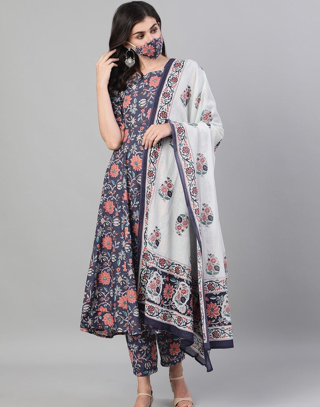 Blue Floral Printed Kurta with Trousers & Dupatta