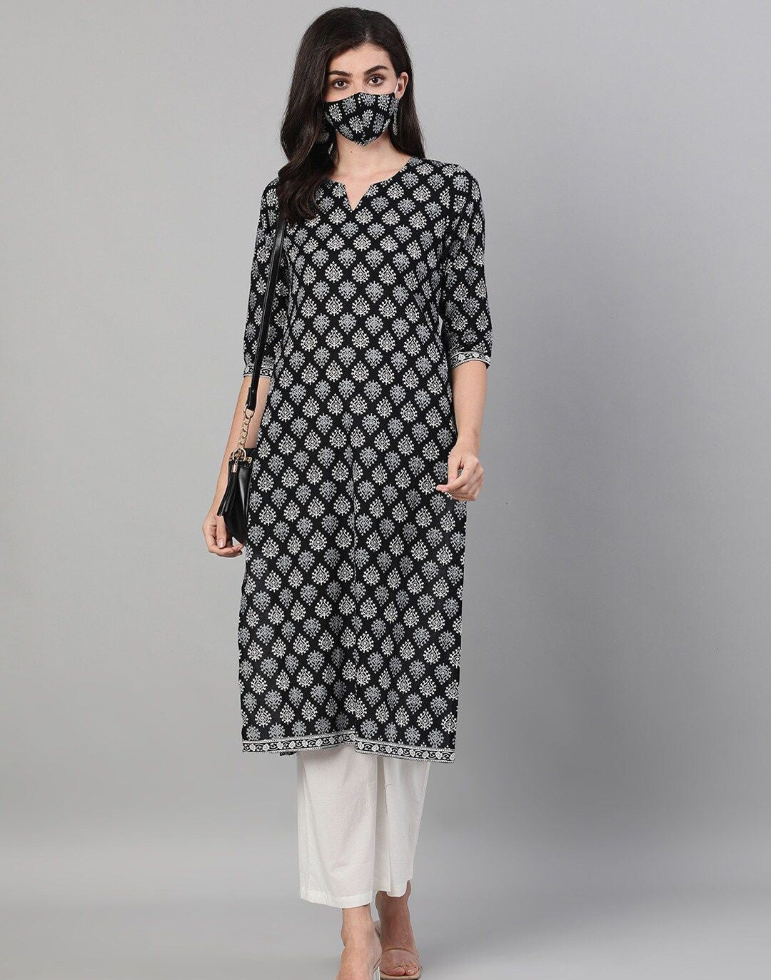 Black  Off-White Printed Kurta with Trousers