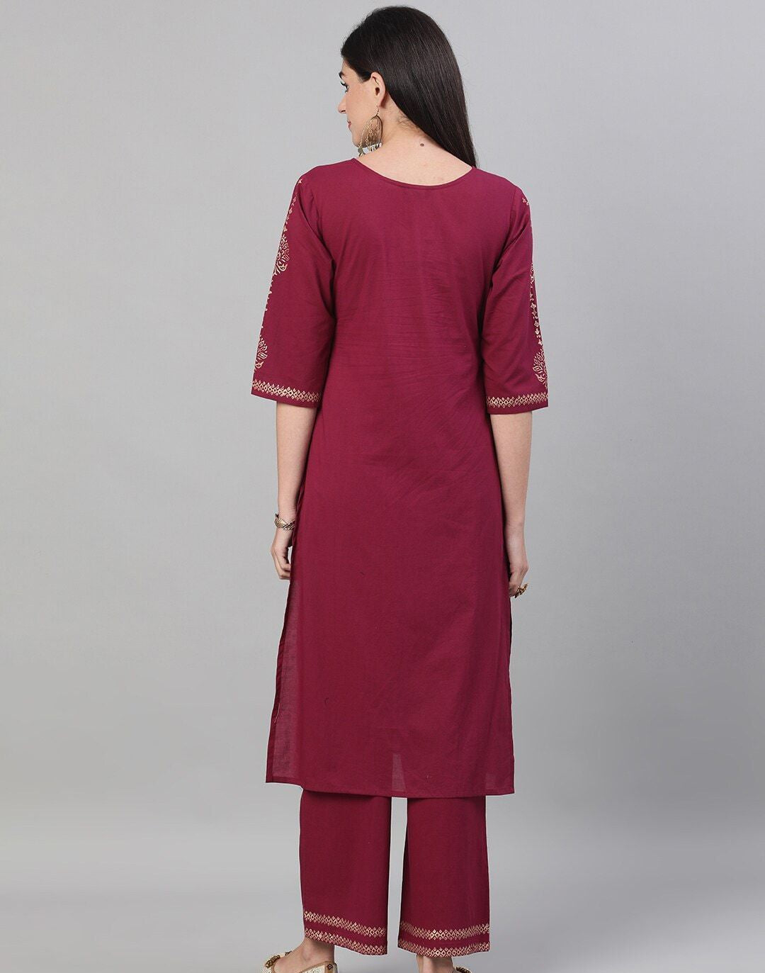 Burgundy & Gold-Toned Printed Kurta with Trousers