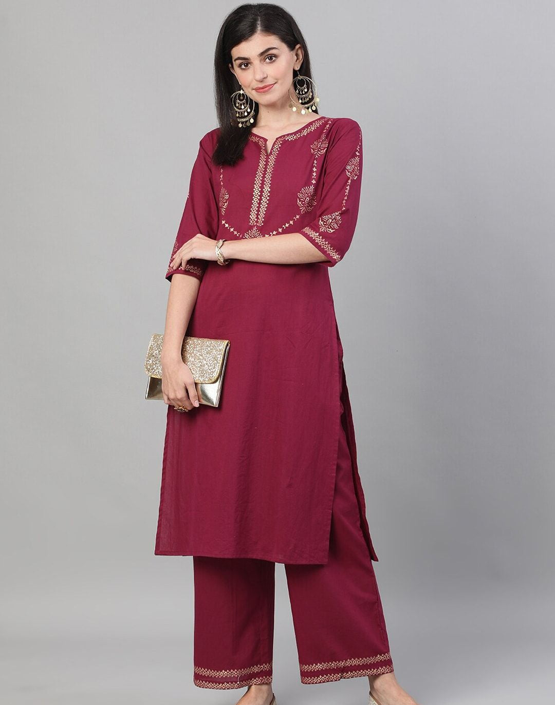 Burgundy & Gold-Toned Printed Kurta with Trousers