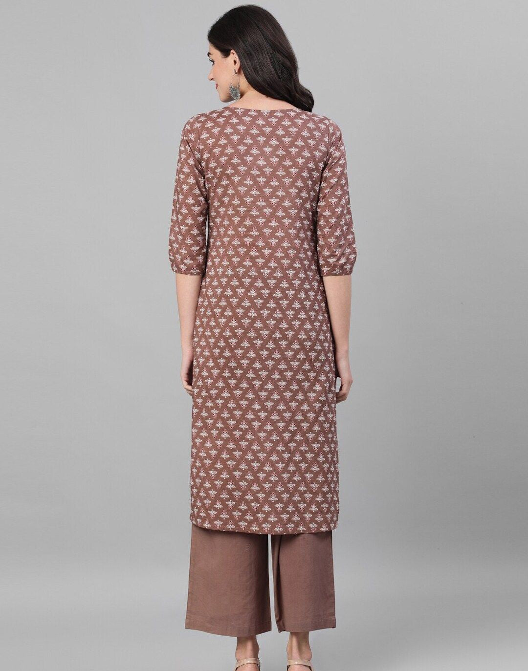 Brown  Off-White Printed Kurta with Trousers