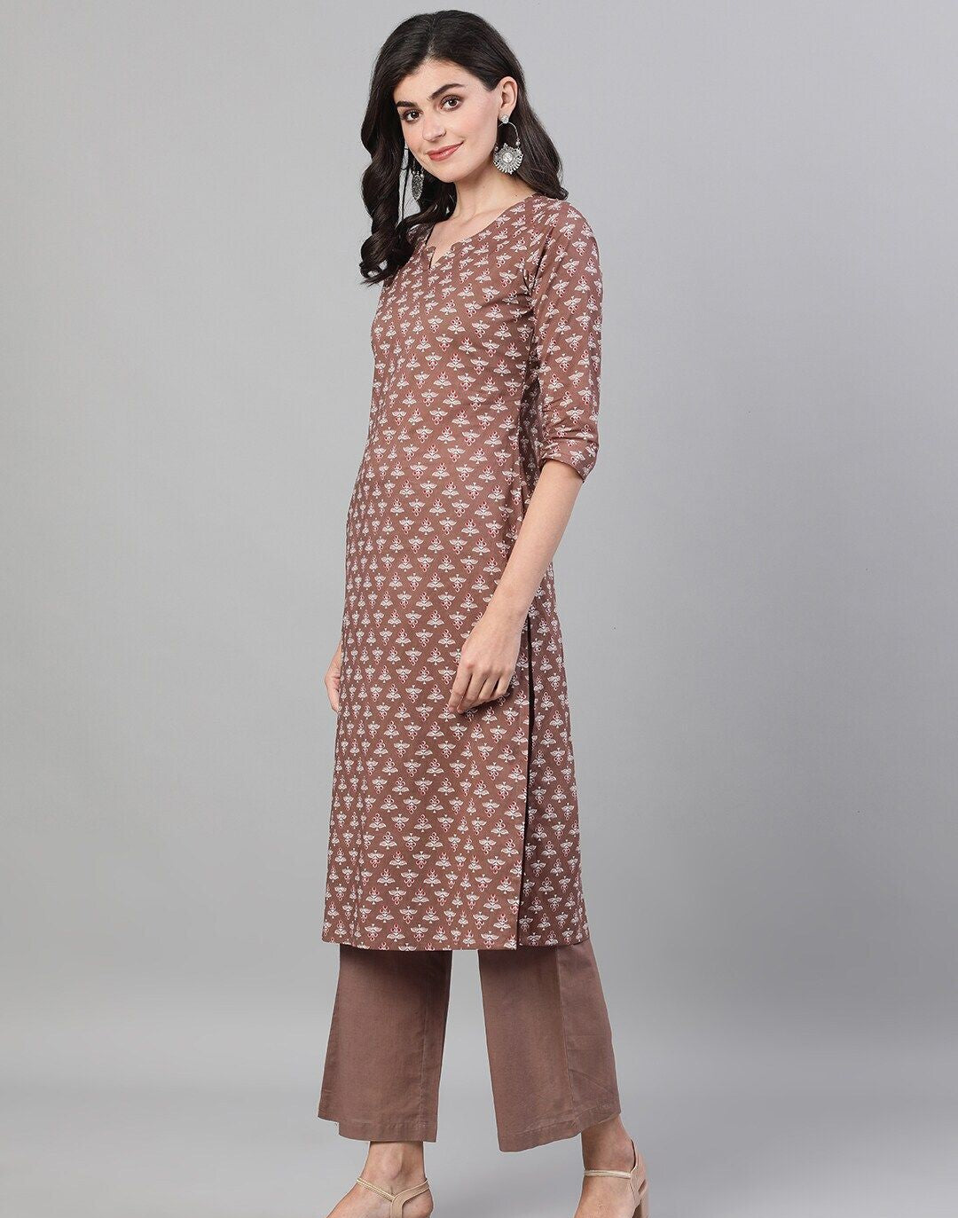 Brown  Off-White Printed Kurta with Trousers
