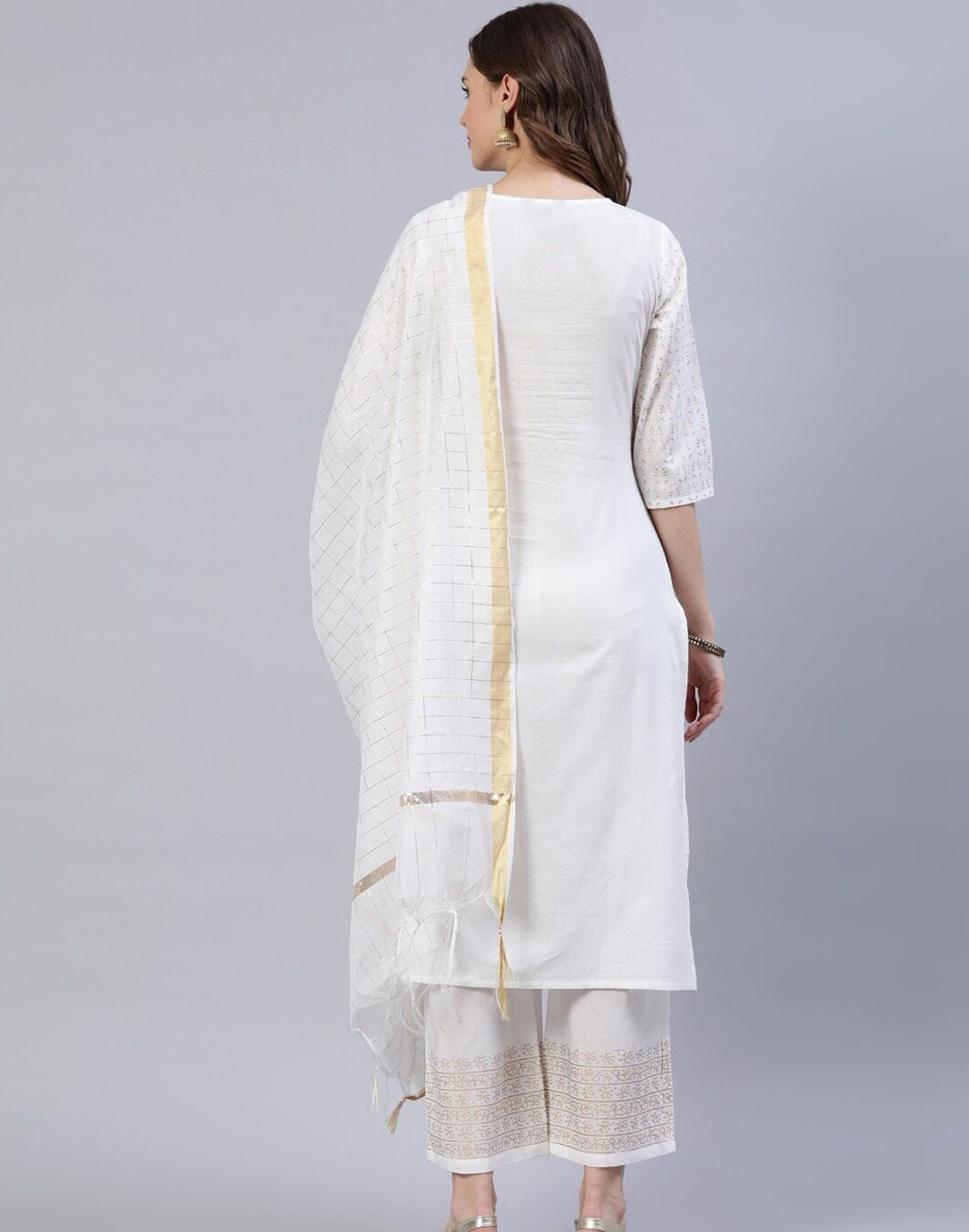 Off White & Golden Block Print Pure Cotton Kurta & Trousers With Dupatta