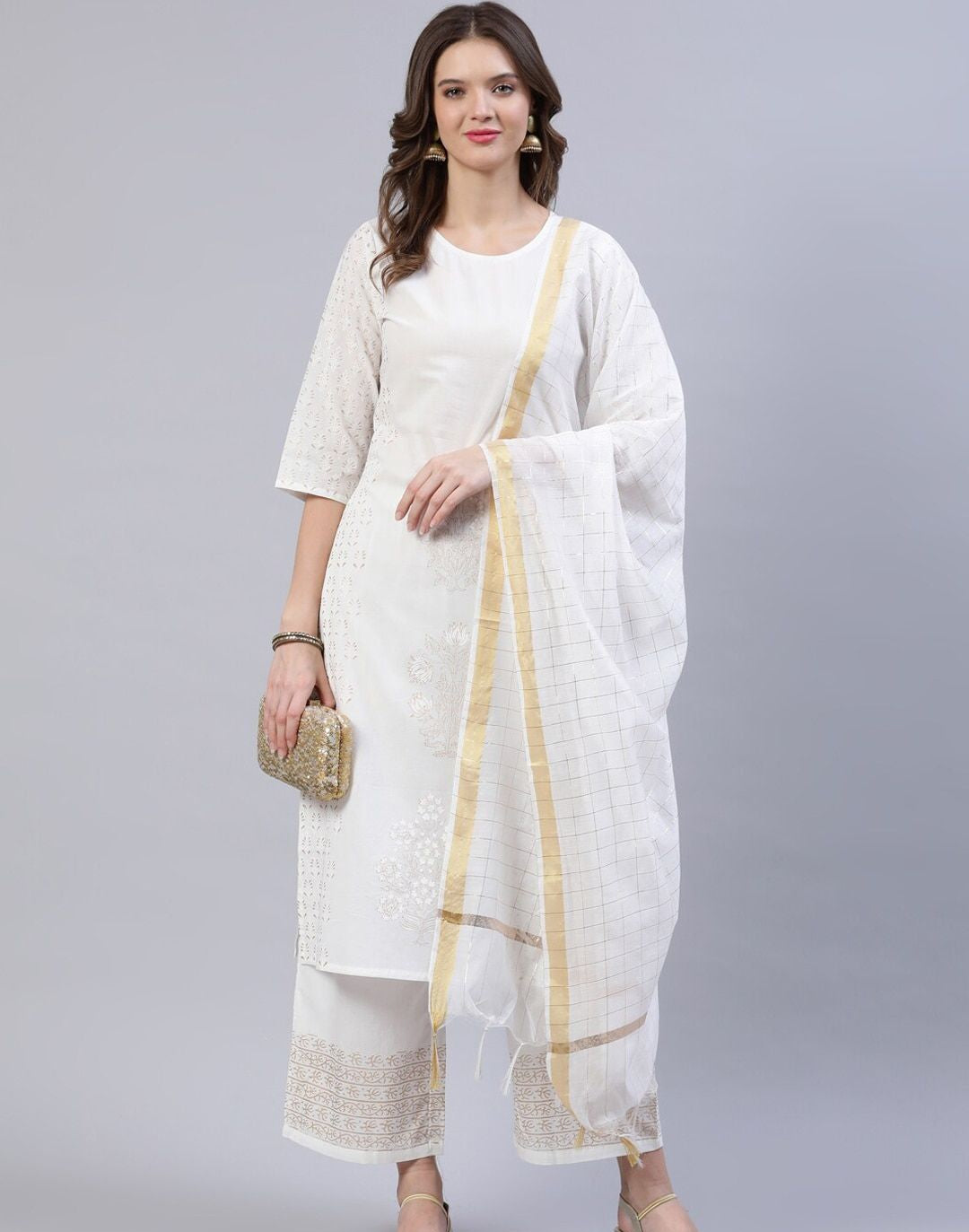 Off White & Golden Block Print Pure Cotton Kurta & Trousers With Dupatta