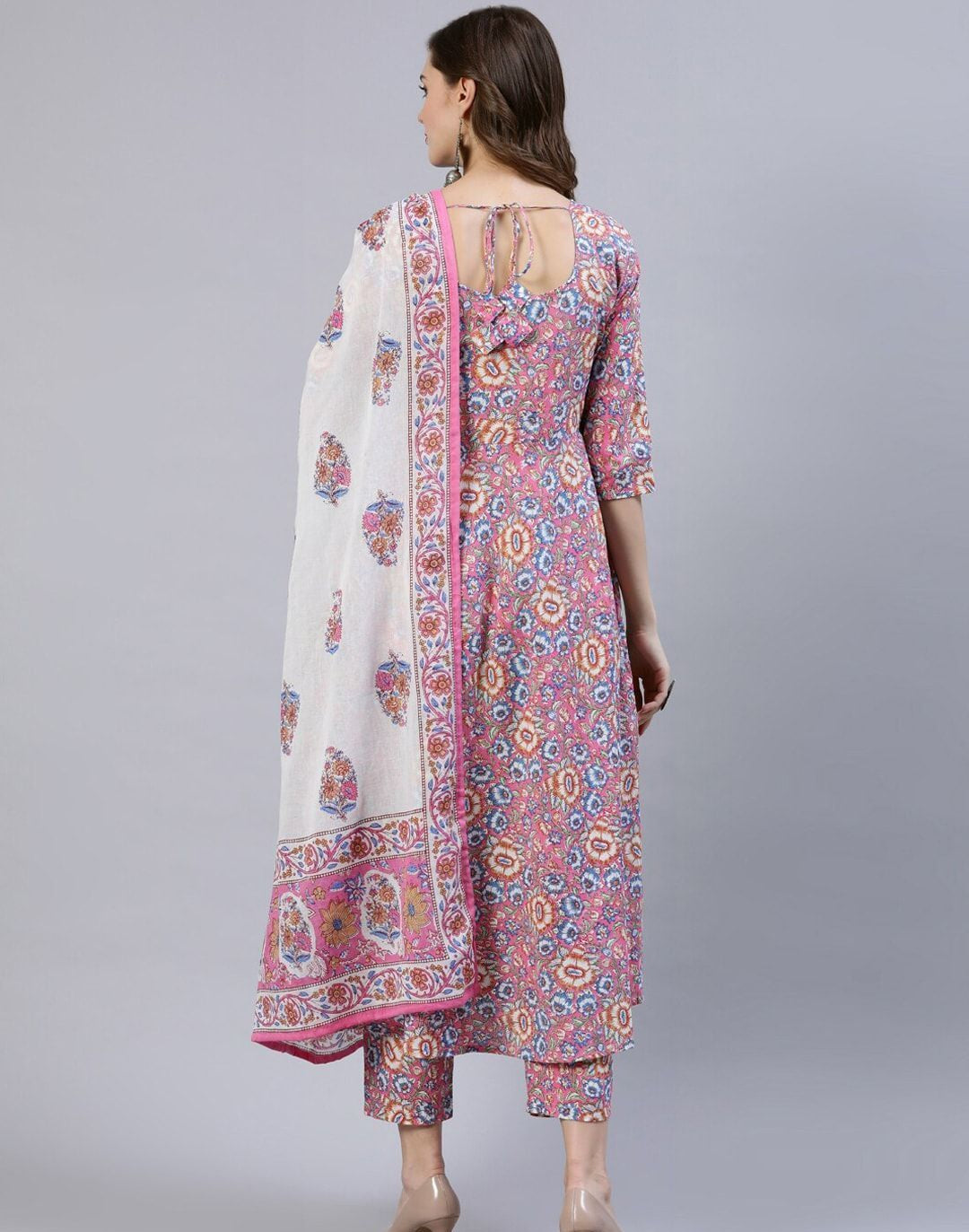 Pink & Off-White Floral Screen Print A-Line Pure Cotton Kurta Set With Dupatta