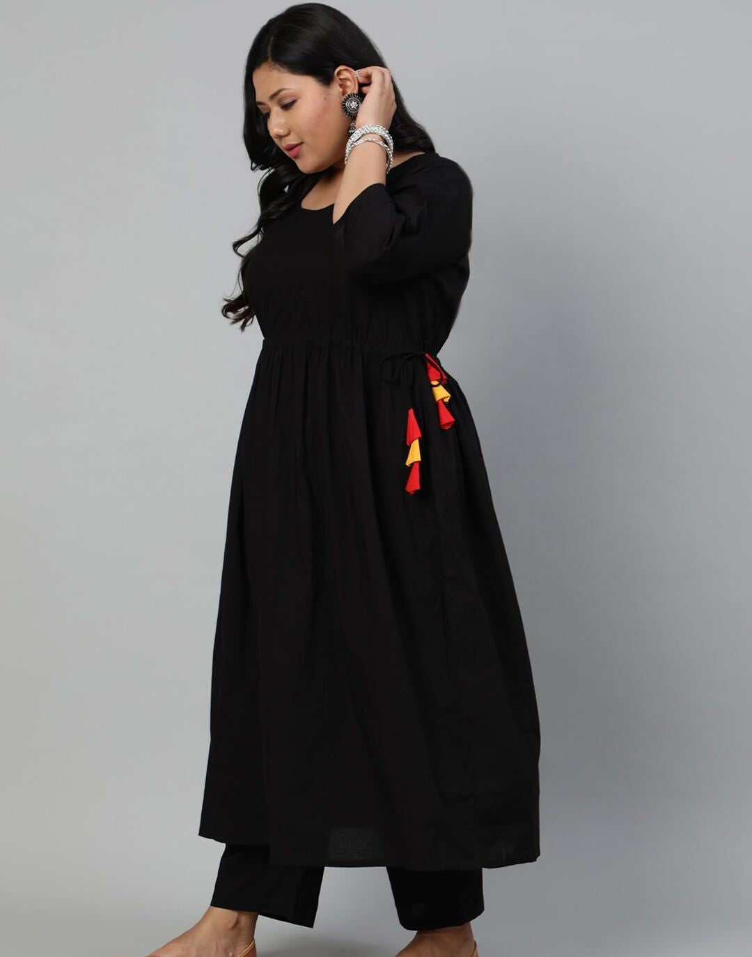 Plus Size Black Empire Pure Cotton Kurta with Trousers & With Dupatta