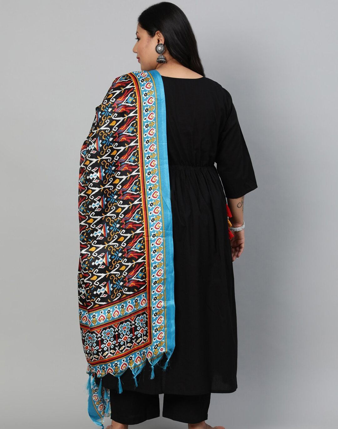 Plus Size Black Empire Pure Cotton Kurta with Trousers & With Dupatta