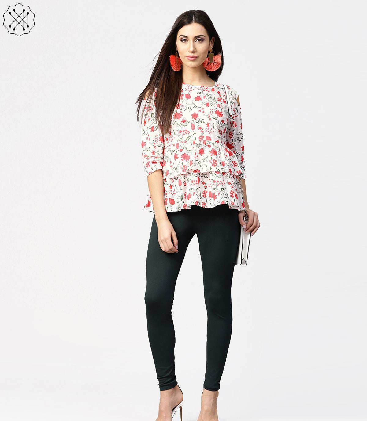 White & Red Printed 3/4Th Cold Shoulder Sleeve Layered Tops