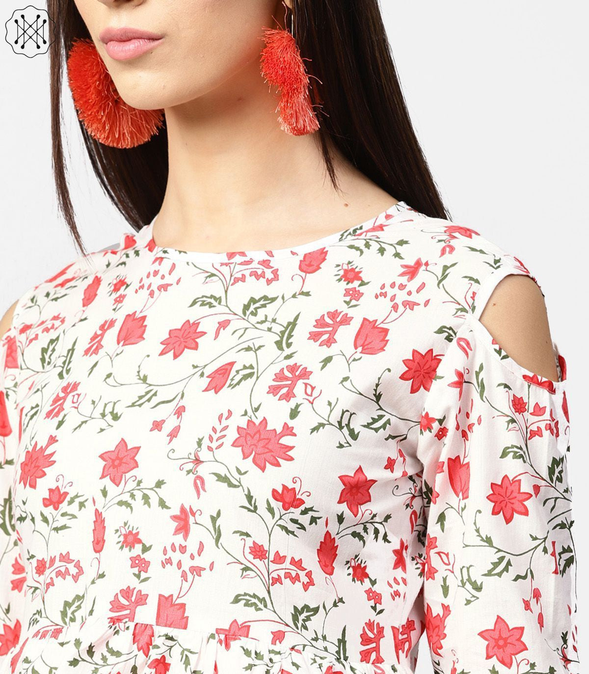 White & Red Printed 3/4Th Cold Shoulder Sleeve Layered Tops