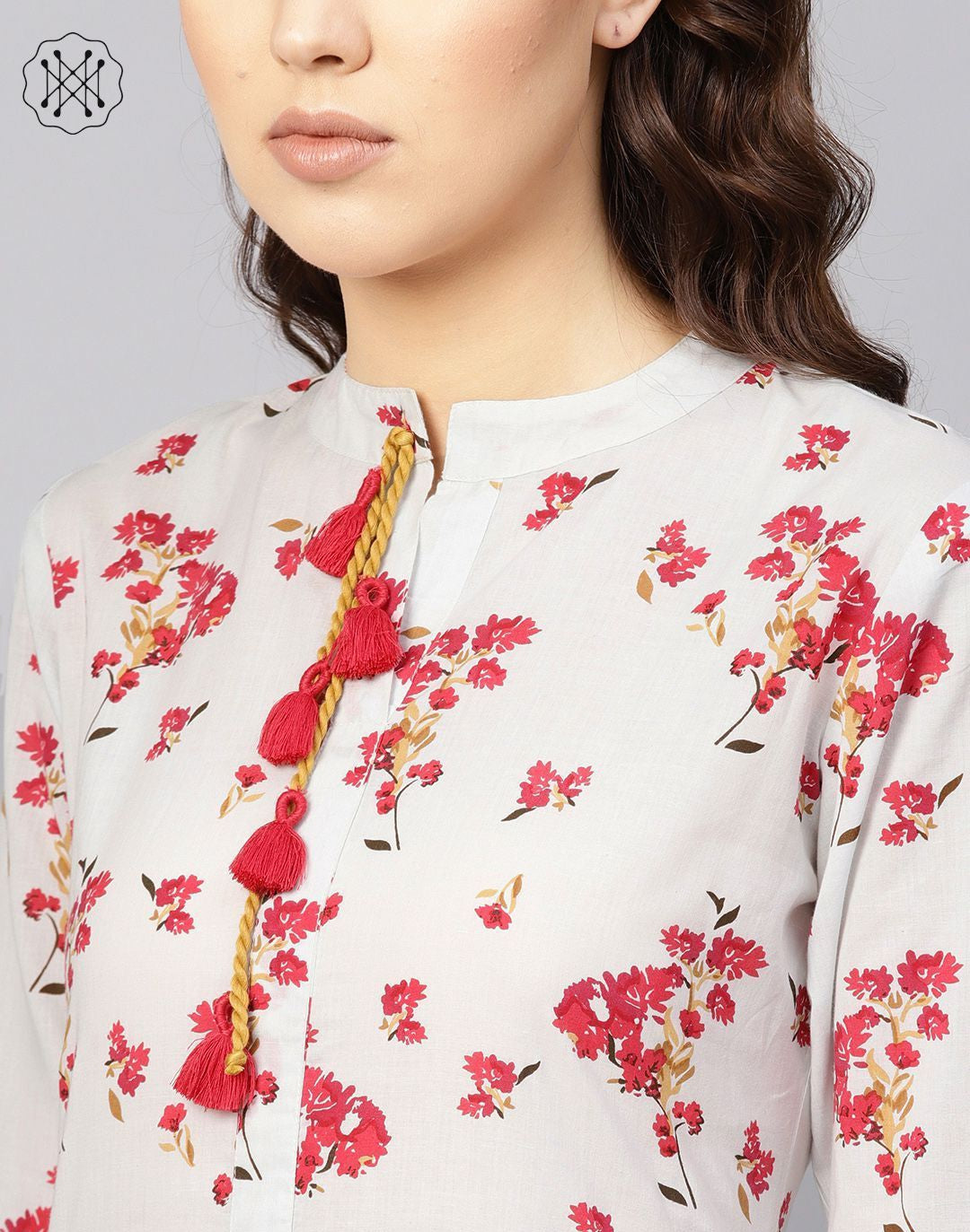 Ice Blue And Pink Floral Printed Collared 3/4Th Sleeves Straight Kurta With Front Tassel Detailing