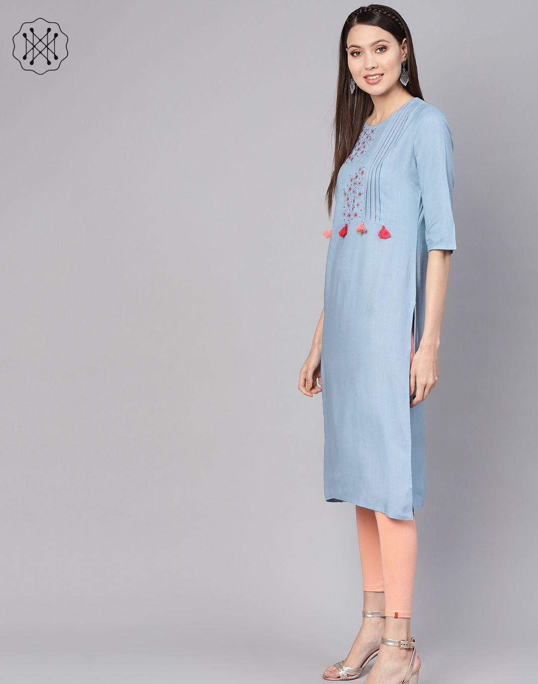 Solid Lavender Round Neck Straight Kurta With Embriodery Work At Yoke